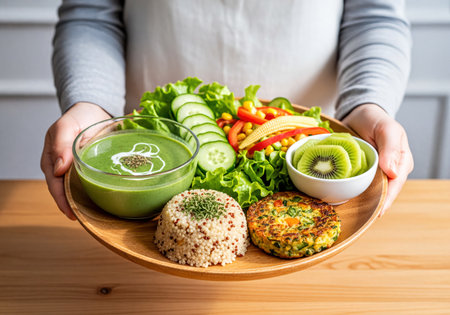 Person's hands holding a wooden plate filled with a vibrant and nutritious plant-based meal. The plate includes green vegetable soup, fresh garden salad, quinoa, a savory vegetable fritter, and sliced kiwi, promoting healthy eating and a balanced lifestyle.の素材
