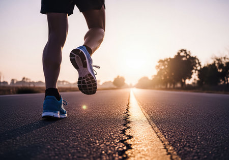 Close-up of a man's muscular legs and running shoes as he jogs on an asphalt road at sunrise. Fitness training, healthy lifestyle, and athletic workout concept.の素材