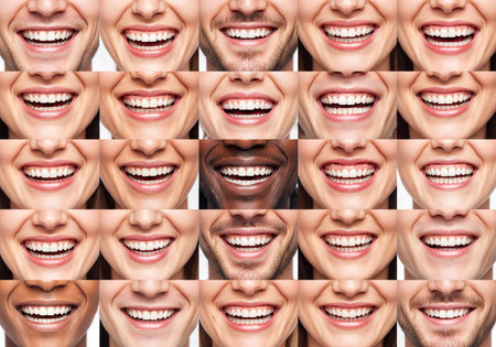 Diverse collection of smiling mouths with perfectly aligned white teeth, reflecting happiness, dental health, and positive emotion from various ethnic individuals in a mosaic.の素材