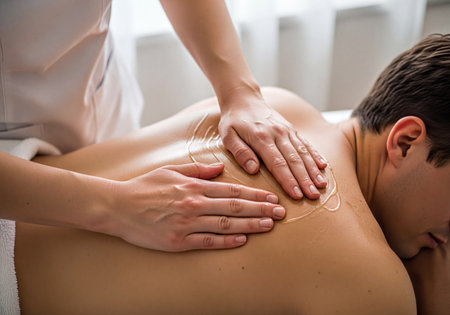Masseuse hands gently applying massage oil to a man's bare back for a therapeutic and relaxing spa treatment. Focus on wellness, care, and physical relief.の素材