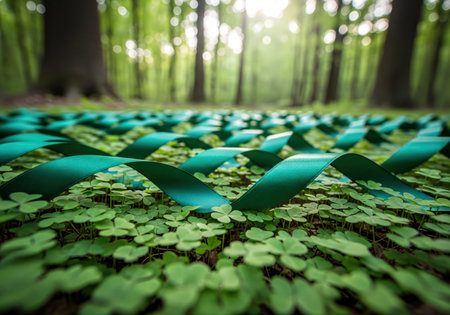 Green ribbon in a woven pattern over a lush clover field with a soft focus sunlit forest background. Represents nature, sustainability, and harmony.の素材