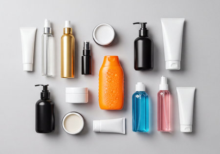 Variety of blank cosmetic product containers, including bottles, jars, and tubes, arranged in a flat lay on a light gray background, perfect for mockup designs or beauty concepts.の素材