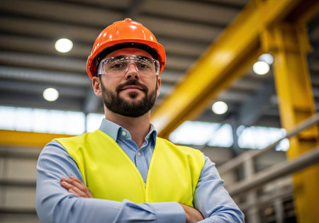 Professional male engineer or factory worker stands confidently with arms crossed, wearing an orange hard hat, safety glasses, and a yellow high-visibility vest in an industrial setting.の素材