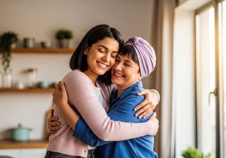 Two happy women, one young and one mature, share a loving embrace indoors, both smiling with closed eyes, showing strong bond and affection.の素材