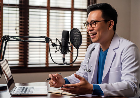 Asian doctor in white coat recording a medical health podcast, speaking into a microphone with a laptop and notebook on a desk. Smiling professional sharing expert healthcare information.の素材