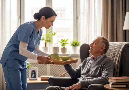 Young female caregiver in scrubs assisting an elderly man by serving him a healthy breakfast on a tray in a bright, comfortable home environment, highlighting themes of support and senior care.の素材