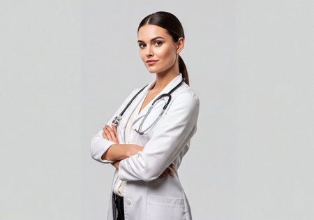 Confident female doctor in a white lab coat and stethoscope, standing with arms crossed, looking at the camera. Professional medical consultant or healthcare worker.の素材