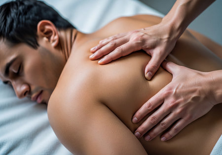 Man enjoying a therapeutic back massage at a peaceful spa. Professional hands relieve muscle tension and promote deep relaxation, enhancing well-being and comfort.の素材