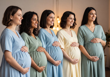 Five diverse pregnant women smiling and holding their baby bumps, looking aside with anticipation. Depicts maternity, joy, support, and community among expectant mothers.の素材