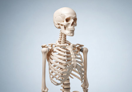 Detailed human skeleton model displaying skull, spine, rib cage, and arm bones, ideal for anatomy education, medical illustration, and scientific concepts. Essential for teaching human body structure.の素材