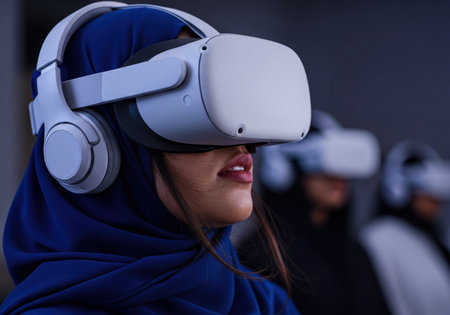 Young woman wearing a white VR headset and headphones, deeply immersed in a virtual reality experience. Other blurry figures in the background also wear VR devices. Represents future technology and digital interaction.の素材