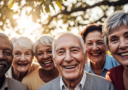 Happy diverse senior people group portrait smiling outdoors, faces illuminated by the bright golden hour sunlight. Joyful elderly men and women showing genuine happiness.の素材