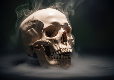 Pale human skull intricately detailed, shrouded in eerie white smoke, dramatically lit against a dark, somber background. Concept of mortality, death, danger, and mystery.の素材