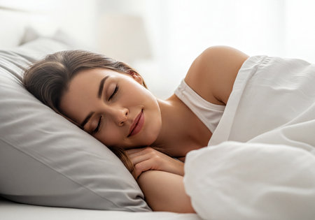 Young woman peacefully asleep in a cozy bed, covered by soft white linen. Her face shows serene expression, enjoying restful sleep on a comfortable gray pillow.の素材