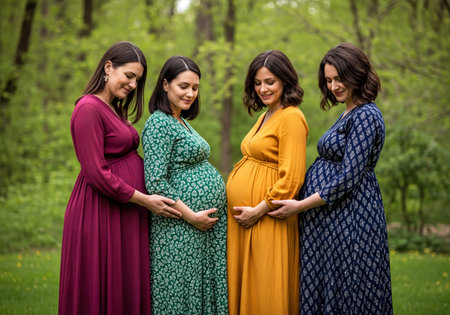 Four smiling pregnant women touching their bellies, dressed in maroon, green, yellow, and blue dresses. Standing outdoors in a lush green environment, celebrating motherhood and anticipating new life.の素材
