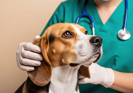 Close-up of a beagle dog during a veterinary check-up. A professional vet in green scrubs and white gloves gently examines the dog, focusing on its health and well-being.の素材