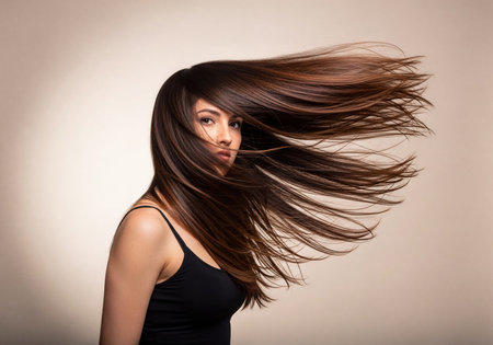 Young woman with lustrous long brown hair blowing dynamically in a studio. Her healthy, shiny hair creates an elegant and dramatic motion, ideal for beauty and hair care themes.の素材