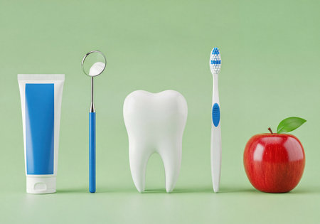 Essential dental hygiene items laid out on a green background, including a tube of toothpaste, a dental mirror, a large white tooth model, a toothbrush, and a vibrant red apple, symbolizing oral health.の素材