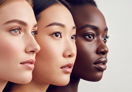 Close up profile of three women with diverse ethnicities, showing varying skin tones. Represents beauty, diversity, unity, and global connections. Focus on facial features and clear skin.の素材