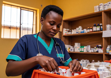 African nurse wearing scrubs and stethoscope, intently organizing various medications and supplies in a storage bin, with shelves of pharmaceutical products in the background.の素材