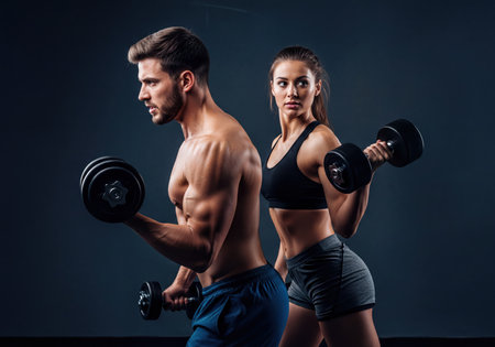 Athletic man and woman intensely lifting dumbbells, showcasing bicep muscles and strong physiques during a focused workout session in a studio.の素材
