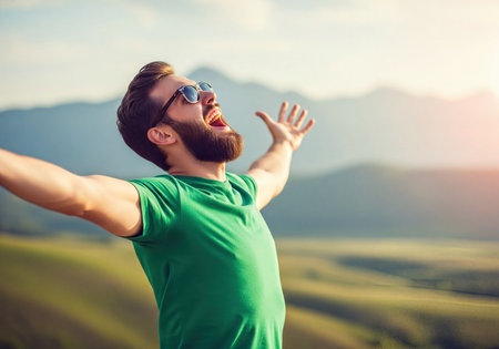 A joyful man with a beard and sunglasses, arms outstretched embracing the open air, celebrating achievement and freedom against a backdrop of mountains and a sunny sky.の素材