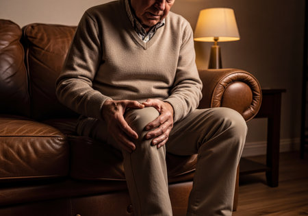 Elderly man seated on a brown leather sofa, holding his knee with both hands, expressing discomfort and pain from a chronic joint condition.の素材