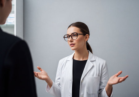 Female doctor in a white lab coat and stylish eyeglasses, using hand gestures while explaining medical information to a patient during a consultation in a healthcare clinic or pharmacy.の素材