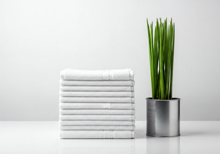 A clean, neatly stacked pile of fresh white towels beside a vibrant green plant in a sleek metal pot, presented on a white surface, conveying freshness, hygiene, and spa ambiance.の素材
