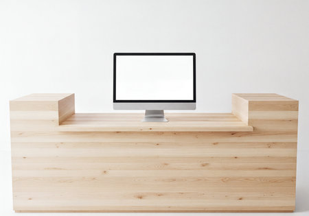 Clean wooden reception counter with a blank screen computer monitor on top, ideal for business, office, or retail environment mockups. Minimalist design for product or service presentation.の素材