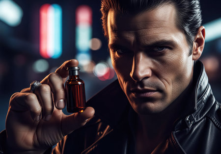 Intense man wearing a black leather jacket holds a small amber glass bottle with a serious expression, illuminated by dramatic urban night lights.の素材