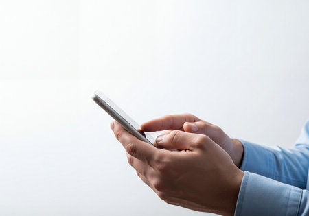 Close-up of a man's hands interacting with a modern smartphone, touching the screen against a bright white background, symbolizing technology and communication.の素材