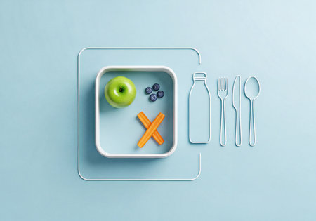 Top view of a healthy lunch box filled with a green apple, fresh blueberries, and carrot sticks. Outlines of a water bottle and cutlery are arranged neatly on a light blue background, representing balanced meal preparation and healthy eating habits.の素材