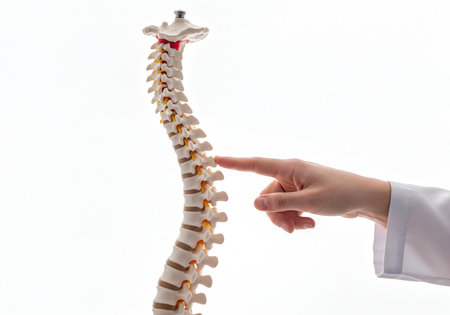A medical professional hand points to a detailed human spine model, demonstrating anatomical features. this image is suitable for healthcare, education, and chiropractic content.の素材