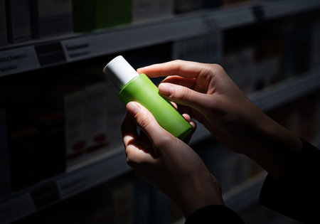 Close up of a woman hands holding a sleek green cosmetic bottle, examining a beauty product in a store. perfect for showcasing skincare, shopping, or product selection.の素材
