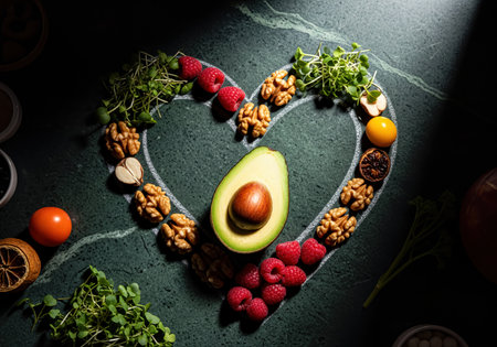 Vibrant heart shape composed of fresh avocado, whole walnuts, bright red raspberries, and green microgreens on a dark green surface, symbolizing healthy eating and wellness.の素材