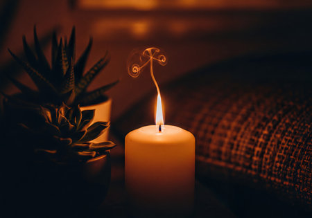 A lit white pillar candle with a prominent flame and swirling smoke stands beside two potted succulents, illuminating a dark home interior with a soft, inviting glow and serene ambiance.の素材