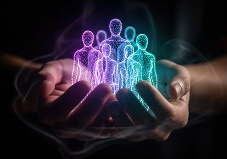 A pair of hands cradles luminous digital human figures, illustrating concepts of global community, social network, connection, teamwork, and digital collaboration.の素材