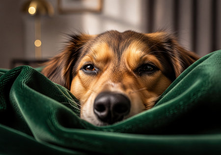 Head of a brown and tan dog peeking out from a soft, dark green velvet blanket, with attentive eyes and a black nose. The comfortable pet is relaxing in a warm, domestic indoor setting, evoking feelings of comfort and companionship.の素材