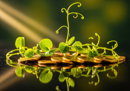 Vibrant green plant sprouts with water droplets growing from a stack of shiny golden coins, casting reflections on a dark surface. Represents investment, natural growth, savings, and wealth accumulation.の素材
