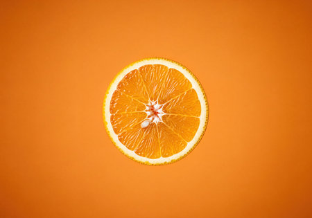 Bright, juicy orange slice perfectly halved, revealing its vibrant pulp, segments, and zest. A refreshing and healthy citrus fruit on a matching uniform orange background, ideal for food and drink concepts.の素材