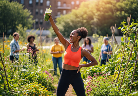 Happy Black woman in athletic wear raising a green smoothie in an urban garden, celebrating health and wellness with friends nearby.の素材
