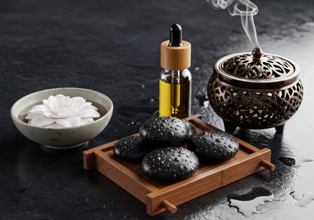 A tranquil spa setup featuring glistening hot basalt stones, an aromatherapy oil bottle, a delicate floating flower in water, and an ornate incense burner with rising smoke, all on a dark stone surface.の素材