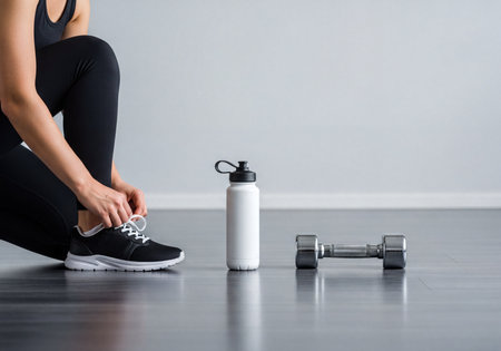 Dedicated woman tying athletic shoelaces, preparing for an intense fitness workout or exercise routine. Essential gym equipment like a water bottle and a dumbbell are ready on the polished floor.の素材