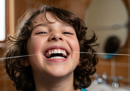 A joyful young child with curly hair is flossing their teeth in a close up view inside the bathroom, successfully demonstrating a positive daily oral hygiene routine for healthy dental care.の素材