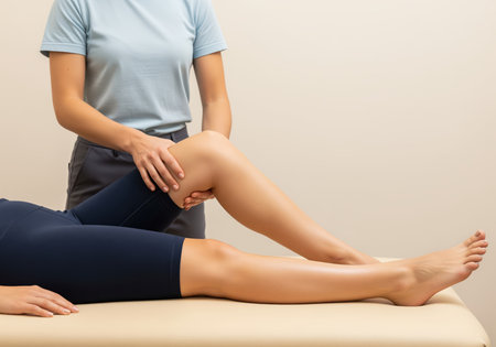 A physical therapist performs manual knee therapy on a woman patient lying on a treatment table, focusing on rehabilitation and recovery from injury in a professional clinical setting.の素材
