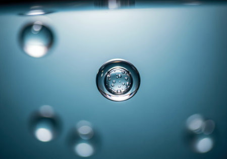 A detailed macro perspective captures a single large, perfectly spherical, transparent bubble suspended in deep blue water, featuring numerous smaller air pockets trapped within its structure, highlighting fluid dynamics and purity.の素材