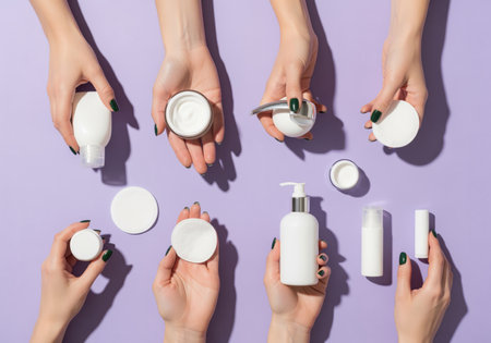 Multiple female hands with dark green manicure hold various unbranded white cosmetic containers including cream jars and lotion bottles, displayed in a flat lay composition on a vibrant purple background.の素材