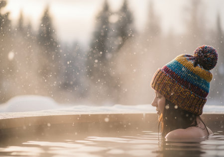 A woman wearing a colorful knitted beanie is relaxing outdoors in a steaming hot tub while snow falls around her, enjoying the contrast between the warm water and the cold winter air.の素材