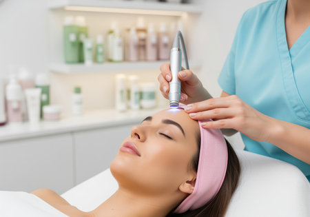 A professional esthetician in a light blue uniform performs a high tech skin rejuvenation treatment using a specialized handheld device on the forehead of a relaxed young woman lying on a treatment bed in a modern beauty clinic setting.の素材